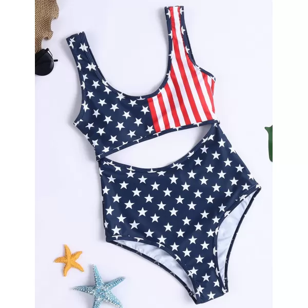 Ekouaer Womens Cutout One Piece Swimsuits Tribal Bathing Suits Monokini Hollow Out Keyhole SwimwearAmerican Flag Pat11