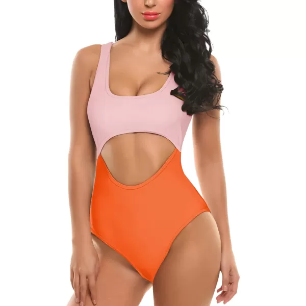 Ekouaer Womens Cutout One Piece Swimsuits Tribal Bathing Suits Monokini Hollow Out Keyhole SwimwearPink and Orange