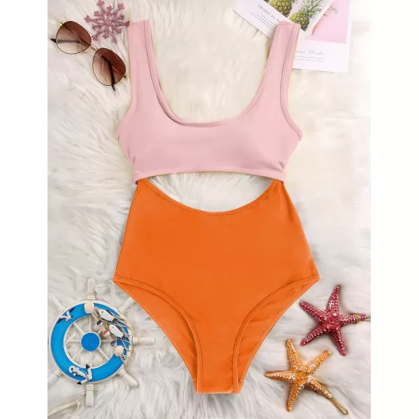 Ekouaer Womens Cutout One Piece Swimsuits Tribal Bathing Suits Monokini Hollow Out Keyhole SwimwearPink and Orange