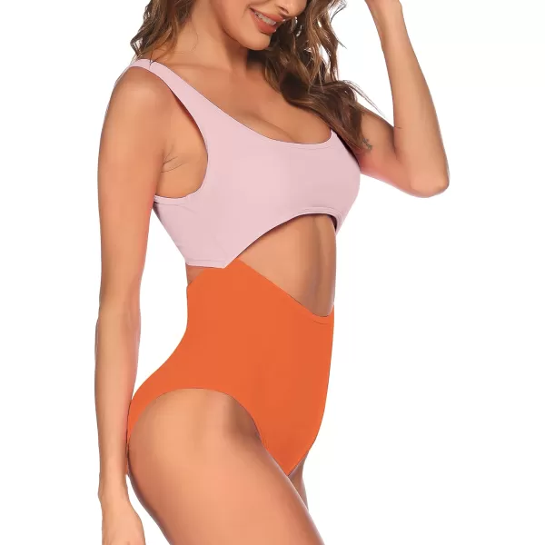 Ekouaer Womens Cutout One Piece Swimsuits Tribal Bathing Suits Monokini Hollow Out Keyhole SwimwearPink and Orange