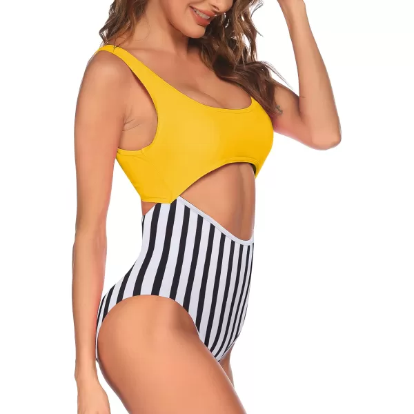 Ekouaer Womens Cutout One Piece Swimsuits Tribal Bathing Suits Monokini Hollow Out Keyhole SwimwearStripeyellow