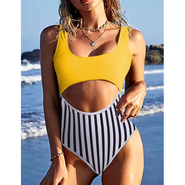 Ekouaer Womens Cutout One Piece Swimsuits Tribal Bathing Suits Monokini Hollow Out Keyhole SwimwearStripeyellow