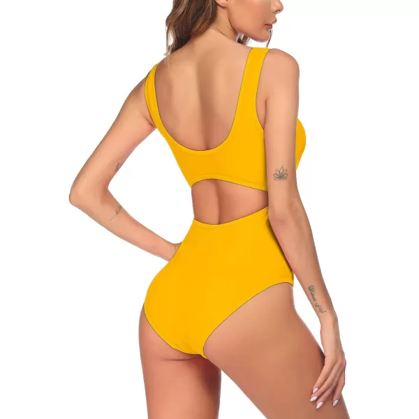 Ekouaer Womens Cutout One Piece Swimsuits Tribal Bathing Suits Monokini Hollow Out Keyhole SwimwearYellow