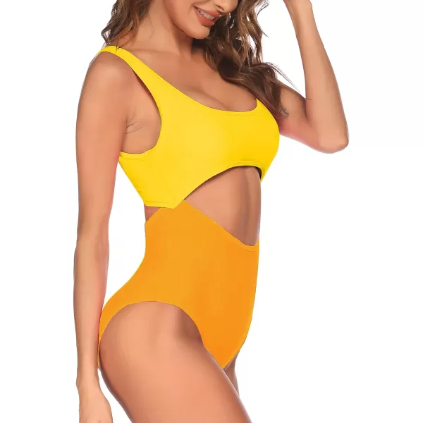 Ekouaer Womens Cutout One Piece Swimsuits Tribal Bathing Suits Monokini Hollow Out Keyhole SwimwearYellow and Orange