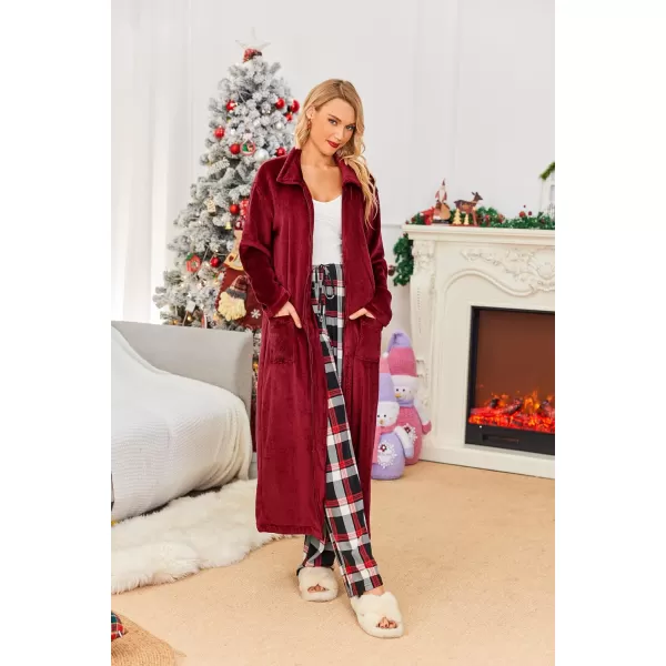 Ekouaer Womens Flannel Robe Zipper Front Robes Full Length BathrobeSXXLAdark Red