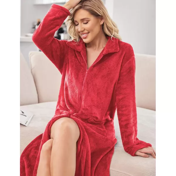 Ekouaer Womens Flannel Robe Zipper Front Robes Full Length BathrobeSXXLRed