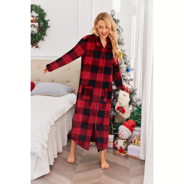 Ekouaer Womens Flannel Robe Zipper Front Robes Full Length BathrobeSXXLRed amp Black Plaid