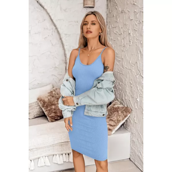 Ekouaer Womens Full Slips Dress Ribbed Knit Under Dress Casual Solid Sleeveless Bodycon Midi DressLight Blue