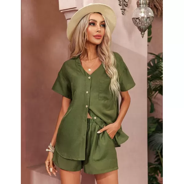 Ekouaer Womens Hawaiian 2 Piece Outfit Short Sleeve Button Down Shirt and Shorts Tracksuit Lounge SetArmy Green