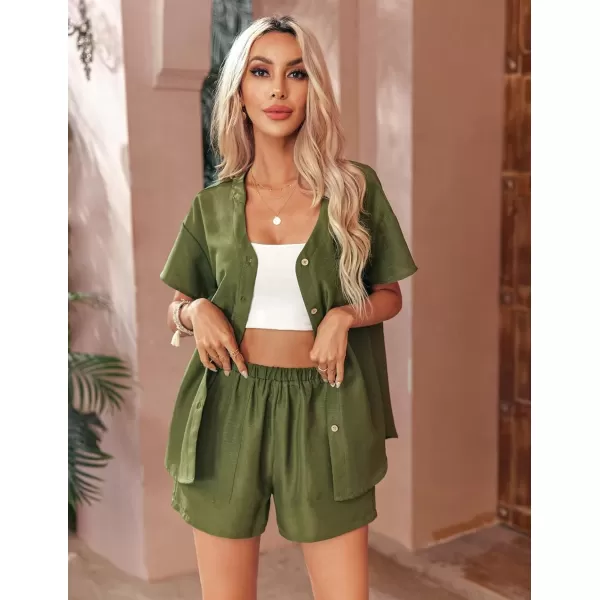 Ekouaer Womens Hawaiian 2 Piece Outfit Short Sleeve Button Down Shirt and Shorts Tracksuit Lounge SetArmy Green