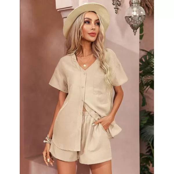 Ekouaer Womens Hawaiian 2 Piece Outfit Short Sleeve Button Down Shirt and Shorts Tracksuit Lounge SetBeige