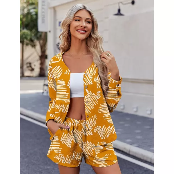 Ekouaer Womens Hawaiian 2 Piece Outfit Short Sleeve Button Down Shirt and Shorts Tracksuit Lounge SetLong Sleeve Brush Print