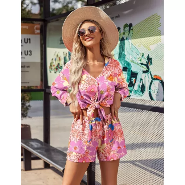 Ekouaer Womens Hawaiian 2 Piece Outfit Short Sleeve Button Down Shirt and Shorts Tracksuit Lounge SetLong Sleeve Floral Print