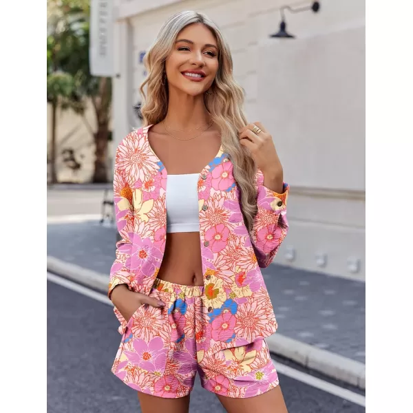 Ekouaer Womens Hawaiian 2 Piece Outfit Short Sleeve Button Down Shirt and Shorts Tracksuit Lounge SetLong Sleeve Floral Print