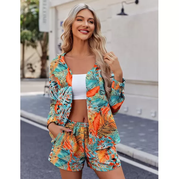 Ekouaer Womens Hawaiian 2 Piece Outfit Short Sleeve Button Down Shirt and Shorts Tracksuit Lounge SetLong Sleeve Multicolor