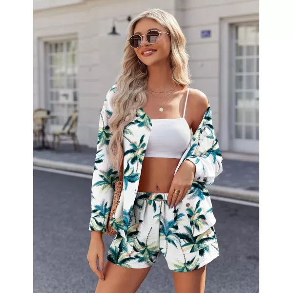 Ekouaer Womens Hawaiian 2 Piece Outfit Short Sleeve Button Down Shirt and Shorts Tracksuit Lounge SetLong Sleeve Tropical Leaves