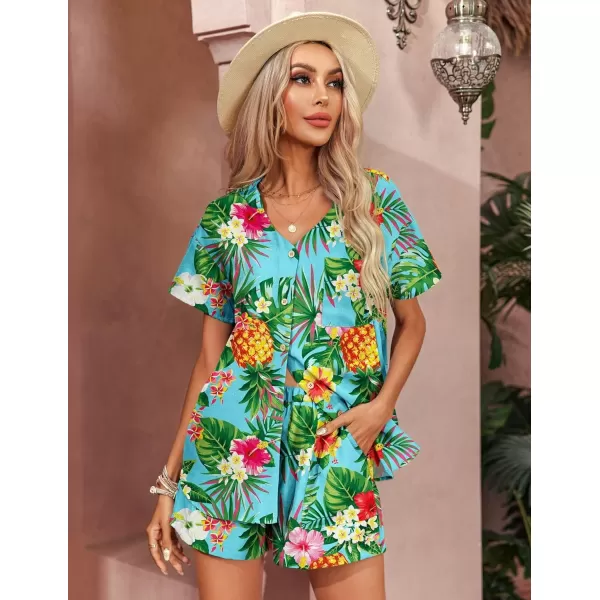 Ekouaer Womens Hawaiian 2 Piece Outfit Short Sleeve Button Down Shirt and Shorts Tracksuit Lounge SetPineapple Turquoise