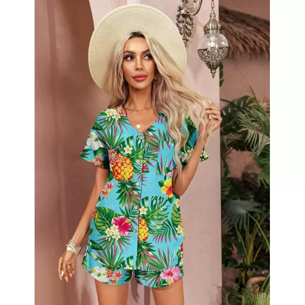 Ekouaer Womens Hawaiian 2 Piece Outfit Short Sleeve Button Down Shirt and Shorts Tracksuit Lounge SetPineapple Turquoise