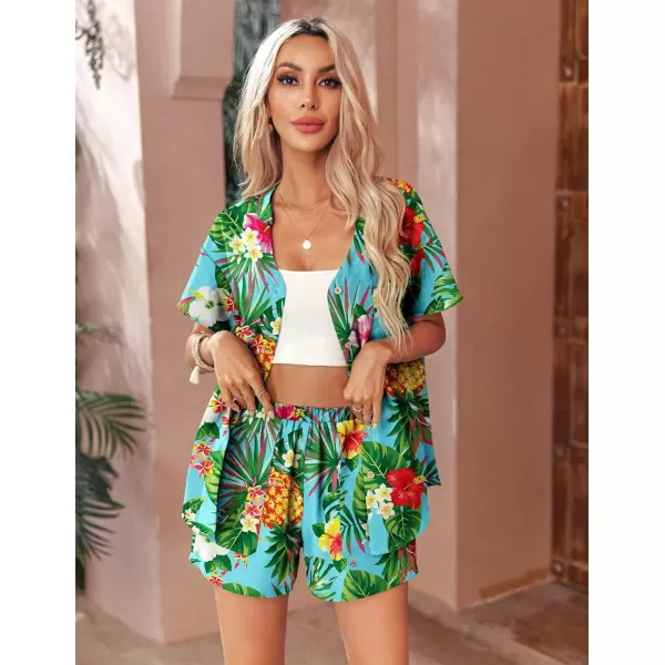 Ekouaer Womens Hawaiian 2 Piece Outfit Short Sleeve Button Down Shirt and Shorts Tracksuit Lounge SetPineapple Turquoise