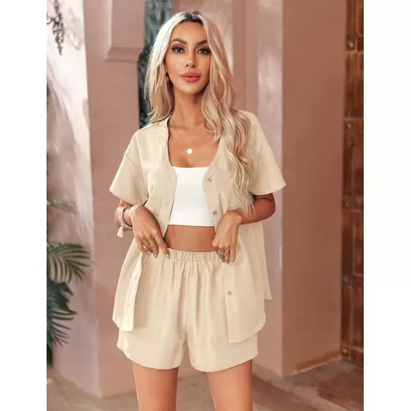 Ekouaer Womens Hawaiian 2 Piece Outfit Short Sleeve Button Down Shirt and Shorts Tracksuit Lounge SetShort Sleeve Beige