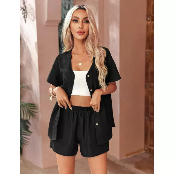 Ekouaer Womens Hawaiian 2 Piece Outfit Short Sleeve Button Down Shirt and Shorts Tracksuit Lounge SetShort Sleeve Black