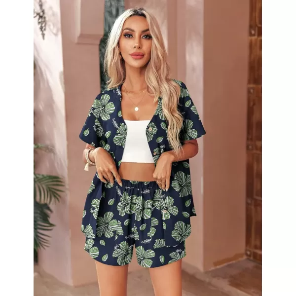 Ekouaer Womens Hawaiian 2 Piece Outfit Short Sleeve Button Down Shirt and Shorts Tracksuit Lounge SetShort Sleeve Navy Pattern