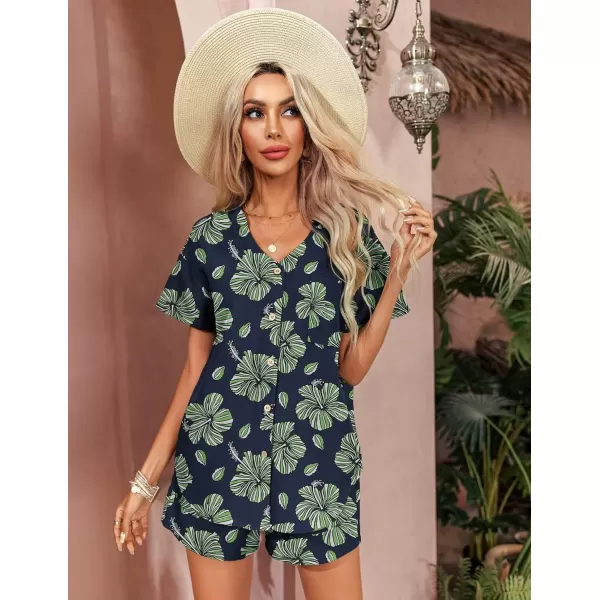 Ekouaer Womens Hawaiian 2 Piece Outfit Short Sleeve Button Down Shirt and Shorts Tracksuit Lounge SetShort Sleeve Navy Pattern