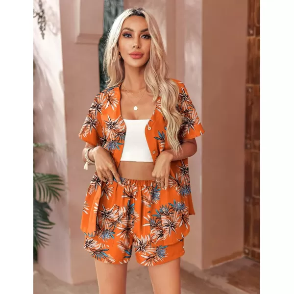 Ekouaer Womens Hawaiian 2 Piece Outfit Short Sleeve Button Down Shirt and Shorts Tracksuit Lounge SetShort Sleeve Tropical Orange