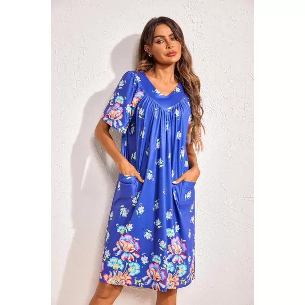 Ekouaer Womens House Dress Floral Print Nightgown with Pockets Mumu Dress S3XLBlue