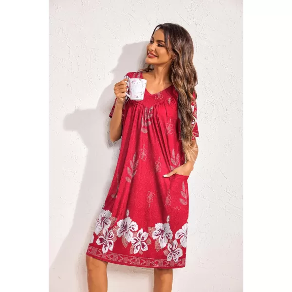 Ekouaer Womens House Dress Floral Print Nightgown with Pockets Mumu Dress S3XLRed