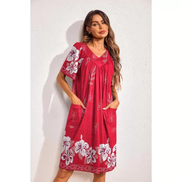 Ekouaer Womens House Dress Floral Print Nightgown with Pockets Mumu Dress S3XLRed