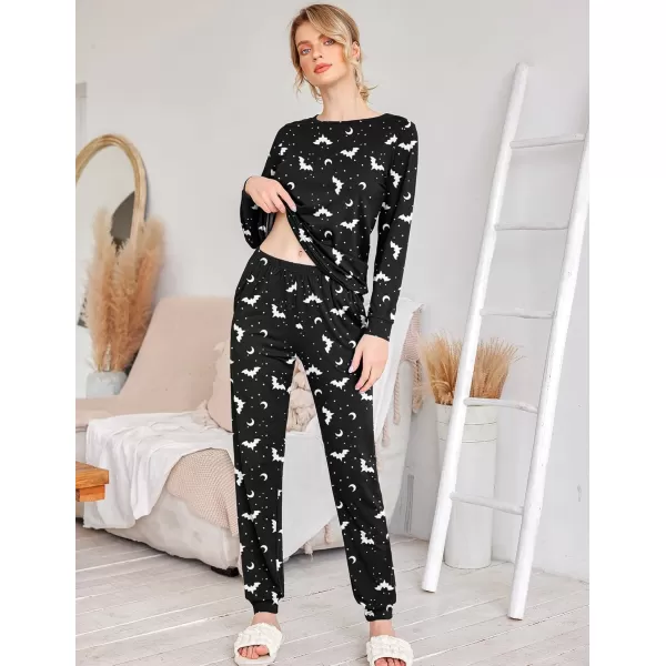 Ekouaer Womens Jogger Pajama Sets Long Sleeve Sleepwear Round Neck Nightwear Soft Pjs Lounge Sets with PocketsBlack Halloween