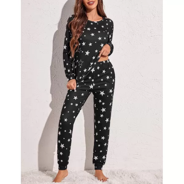 Ekouaer Womens Jogger Pajama Sets Long Sleeve Sleepwear Round Neck Nightwear Soft Pjs Lounge Sets with PocketsBlack Star