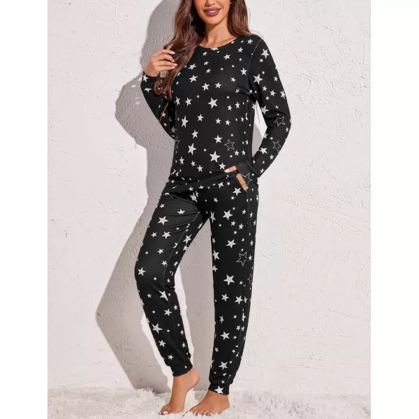 Ekouaer Womens Jogger Pajama Sets Long Sleeve Sleepwear Round Neck Nightwear Soft Pjs Lounge Sets with PocketsBlack Star