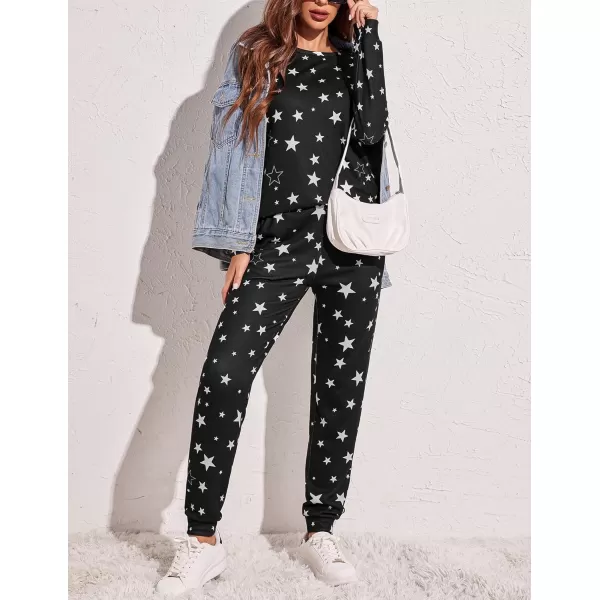 Ekouaer Womens Jogger Pajama Sets Long Sleeve Sleepwear Round Neck Nightwear Soft Pjs Lounge Sets with PocketsBlack Star