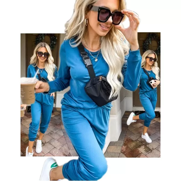 Ekouaer Womens Jogger Pajama Sets Long Sleeve Sleepwear Round Neck Nightwear Soft Pjs Lounge Sets with PocketsBlue Green