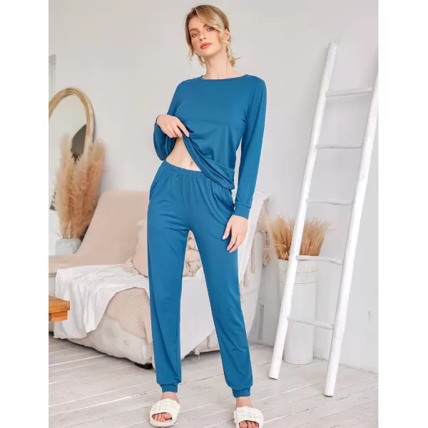 Ekouaer Womens Jogger Pajama Sets Long Sleeve Sleepwear Round Neck Nightwear Soft Pjs Lounge Sets with PocketsBlue Green