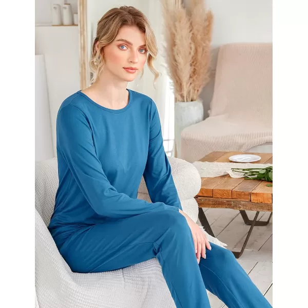 Ekouaer Womens Jogger Pajama Sets Long Sleeve Sleepwear Round Neck Nightwear Soft Pjs Lounge Sets with PocketsBlue Green