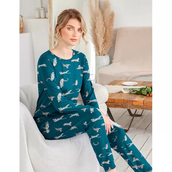 Ekouaer Womens Jogger Pajama Sets Long Sleeve Sleepwear Round Neck Nightwear Soft Pjs Lounge Sets with PocketsBlue Green Leopard