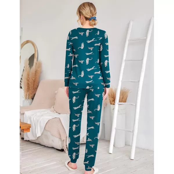 Ekouaer Womens Jogger Pajama Sets Long Sleeve Sleepwear Round Neck Nightwear Soft Pjs Lounge Sets with PocketsBlue Green Leopard