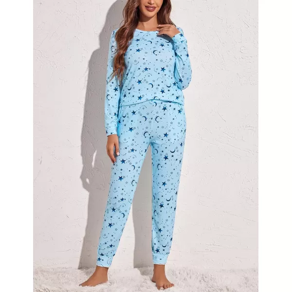 Ekouaer Womens Jogger Pajama Sets Long Sleeve Sleepwear Round Neck Nightwear Soft Pjs Lounge Sets with PocketsBlue Star