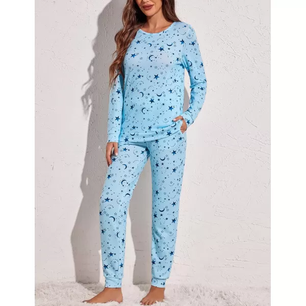 Ekouaer Womens Jogger Pajama Sets Long Sleeve Sleepwear Round Neck Nightwear Soft Pjs Lounge Sets with PocketsBlue Star