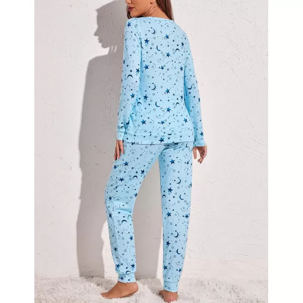 Ekouaer Womens Jogger Pajama Sets Long Sleeve Sleepwear Round Neck Nightwear Soft Pjs Lounge Sets with PocketsBlue Star