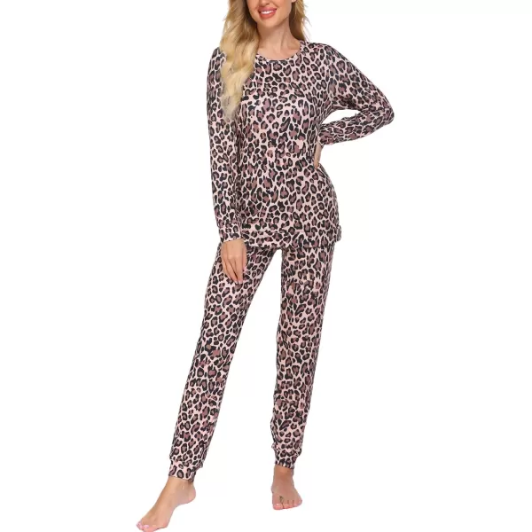 Ekouaer Womens Jogger Pajama Sets Long Sleeve Sleepwear Round Neck Nightwear Soft Pjs Lounge Sets with PocketsBrown Leopard