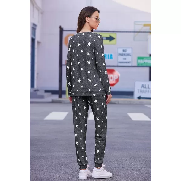 Ekouaer Womens Jogger Pajama Sets Long Sleeve Sleepwear Round Neck Nightwear Soft Pjs Lounge Sets with PocketsDark Grey White Star