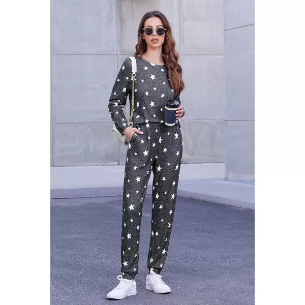 Ekouaer Womens Jogger Pajama Sets Long Sleeve Sleepwear Round Neck Nightwear Soft Pjs Lounge Sets with PocketsDark Grey White Star