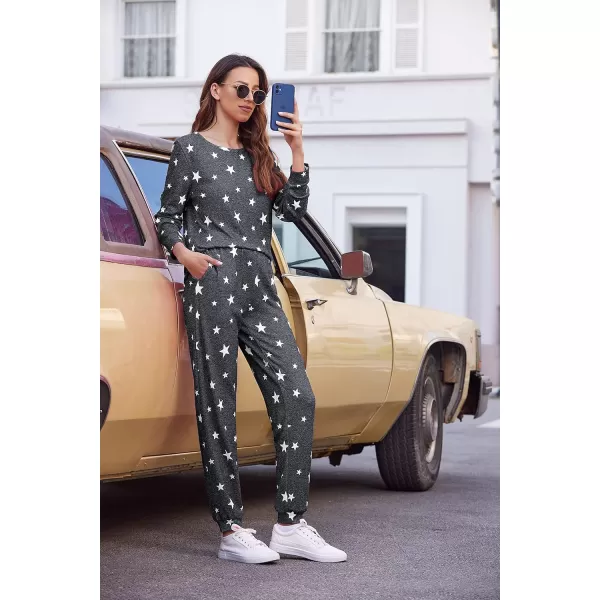 Ekouaer Womens Jogger Pajama Sets Long Sleeve Sleepwear Round Neck Nightwear Soft Pjs Lounge Sets with PocketsDark Grey White Star