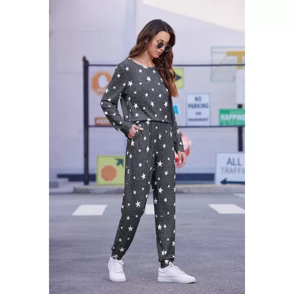 Ekouaer Womens Jogger Pajama Sets Long Sleeve Sleepwear Round Neck Nightwear Soft Pjs Lounge Sets with PocketsDark Grey White Star