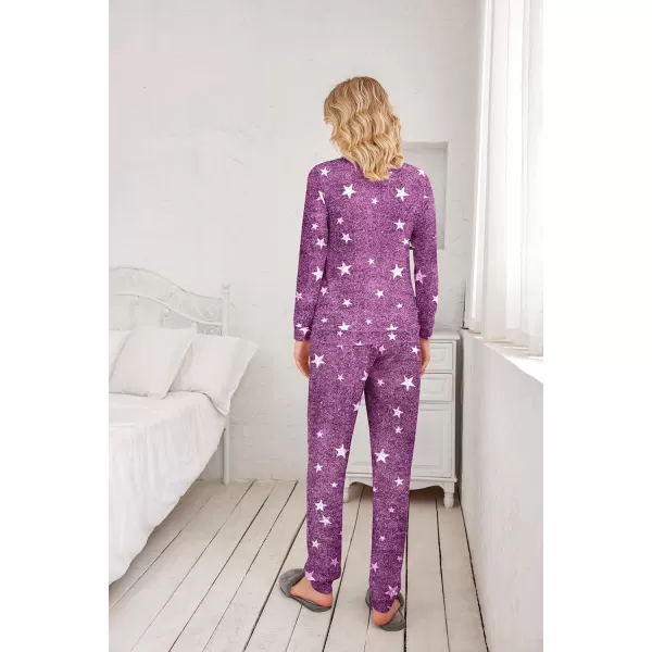 Ekouaer Womens Jogger Pajama Sets Long Sleeve Sleepwear Round Neck Nightwear Soft Pjs Lounge Sets with PocketsDeep Purple White Star