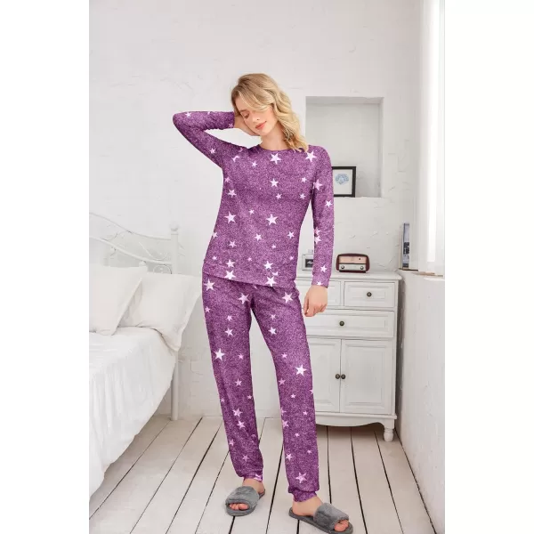 Ekouaer Womens Jogger Pajama Sets Long Sleeve Sleepwear Round Neck Nightwear Soft Pjs Lounge Sets with PocketsDeep Purple White Star